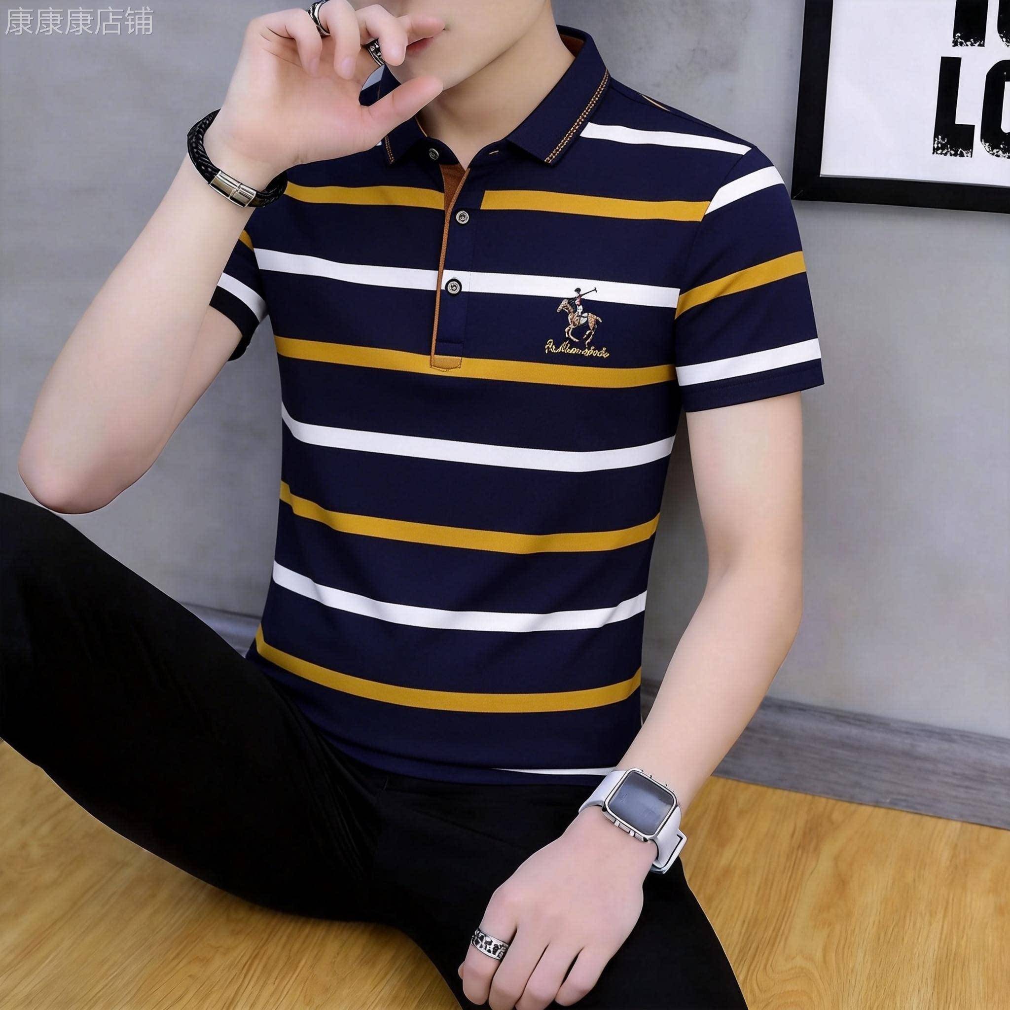 高端条纹polo衫男士短袖T恤2026新款夏季商务纯棉翻领上衣服男款