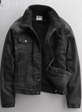 Madness Mdns Clot复古加绒牛仔外套男款冬季羊羔绒修身棉服黑色