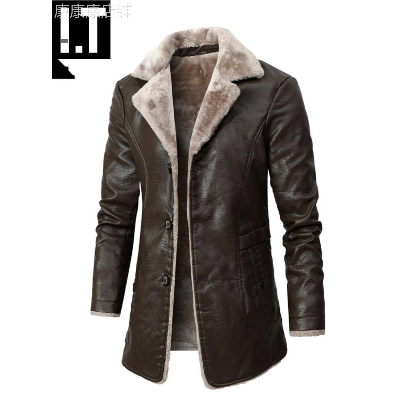 潮牌大码中长款真皮皮衣男冬季翻领皮毛一体夹克加绒加厚风衣外套