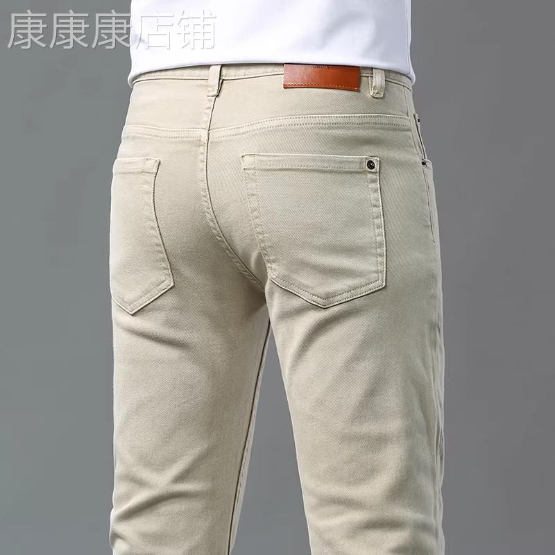 法国高端品牌卡其色牛仔裤男修身小脚纯棉显瘦透气弹力休闲长裤子