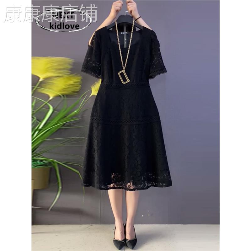 香港大尺码女装圆领收腰长版蕾丝洋装胖mm赫本风洋派显瘦小黑裙夏