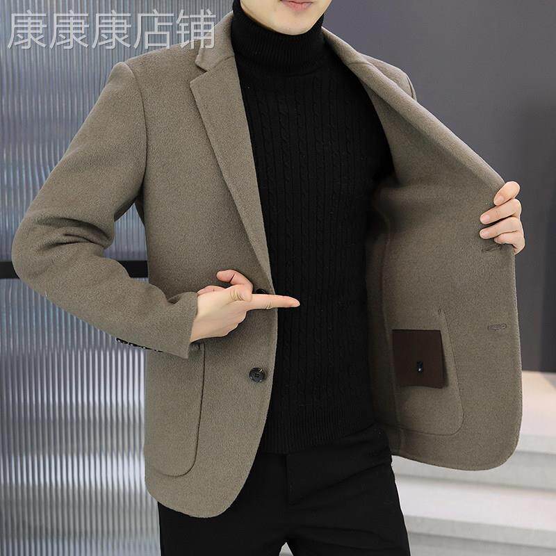 轻奢羊毛双面呢大衣男士修身短款西装春秋季新款高档休闲毛呢外套