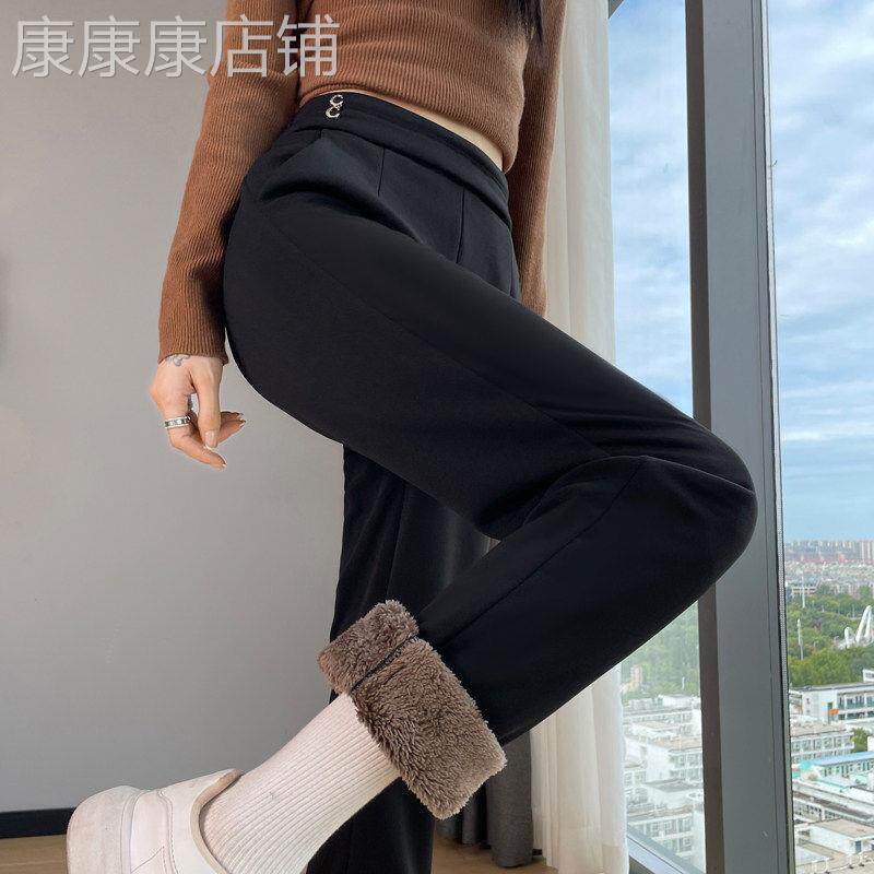 加绒加厚直筒裤女秋冬2026新款羊羔绒时尚百搭显瘦保暖棉裤西装裤