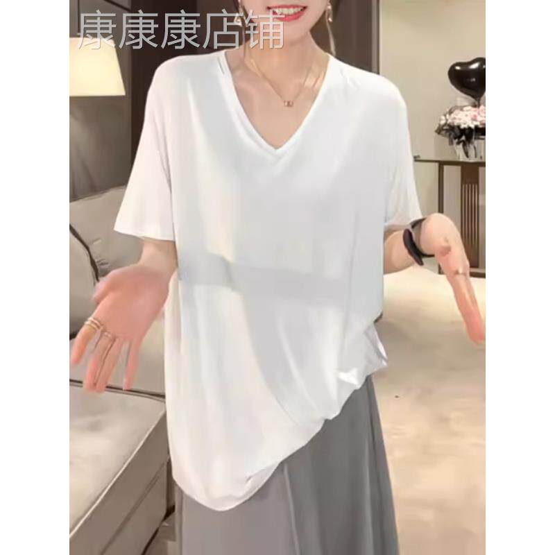 韩国大码胖mmV领慵懒感短袖T恤女夏季韩版纯色宽松显瘦极简风上衣