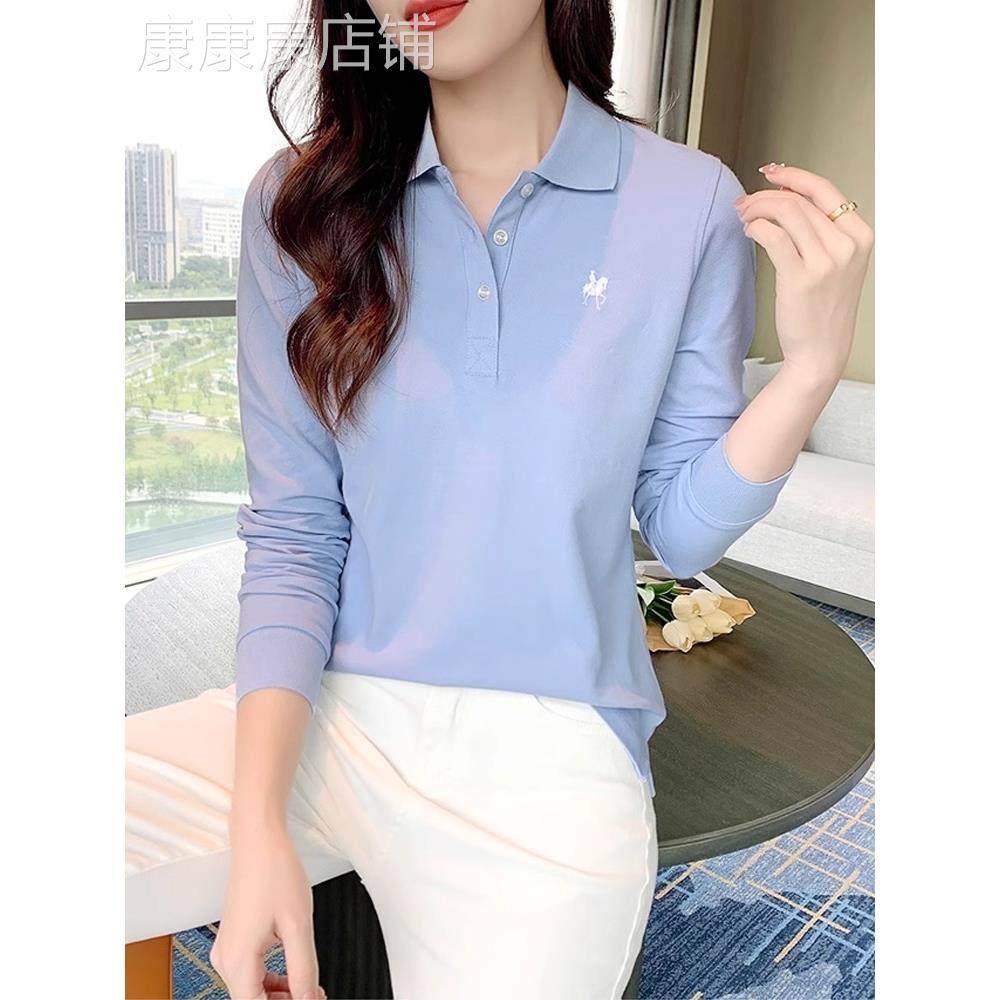 纯棉正肩休闲翻领长袖t恤女士2025年秋季新款薄款轻奢polo衫上衣