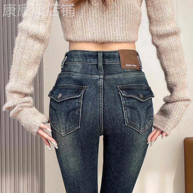 韩国紧身加绒牛仔裤女2026秋冬新款加厚高腰小脚裤蜜桃臀铅笔裤子