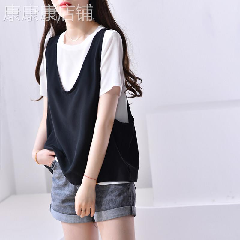 黑色真丝T恤女短袖背心两件式套装夏季新款洋派桑蚕丝上衣白色衬
