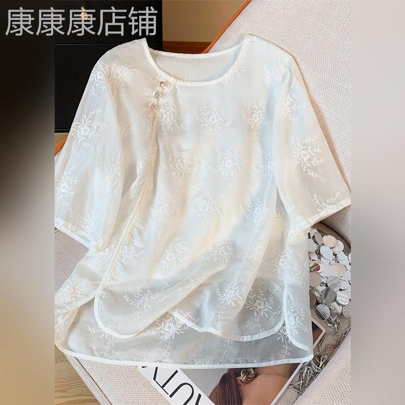 潮牌新中式国风刺绣短袖雪纺衬衫女夏季欧货宽松遮肉别致小衫上衣