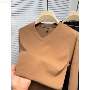 MAROLIO~双面德绒打底衫男款秋冬季修身V领T恤鸡心领休闲保暖内搭