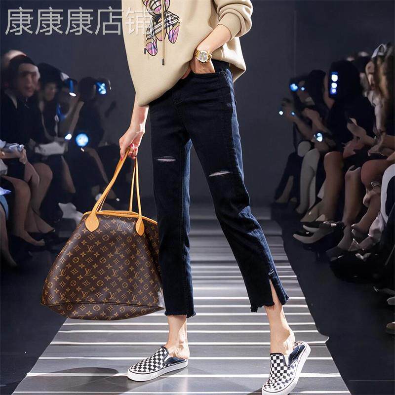 潮牌弹力开叉直筒牛仔裤女2026春秋大码胖mm高腰破洞显瘦九分裤