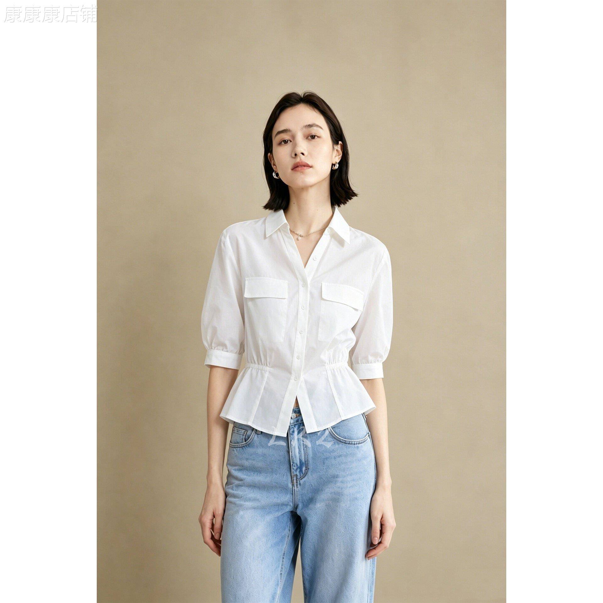 简约风白色翻领五分袖衬衫女单排扣休闲气质双口袋收腰设计感上衣