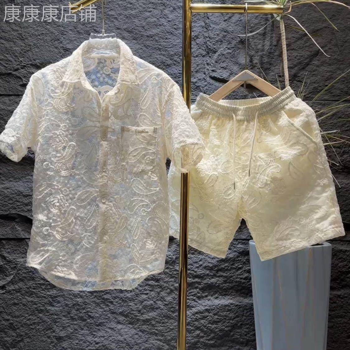 潮牌套装男夏季薄款宽松运动镂空网纱休闲 情侣短袖衬衫短裤一整