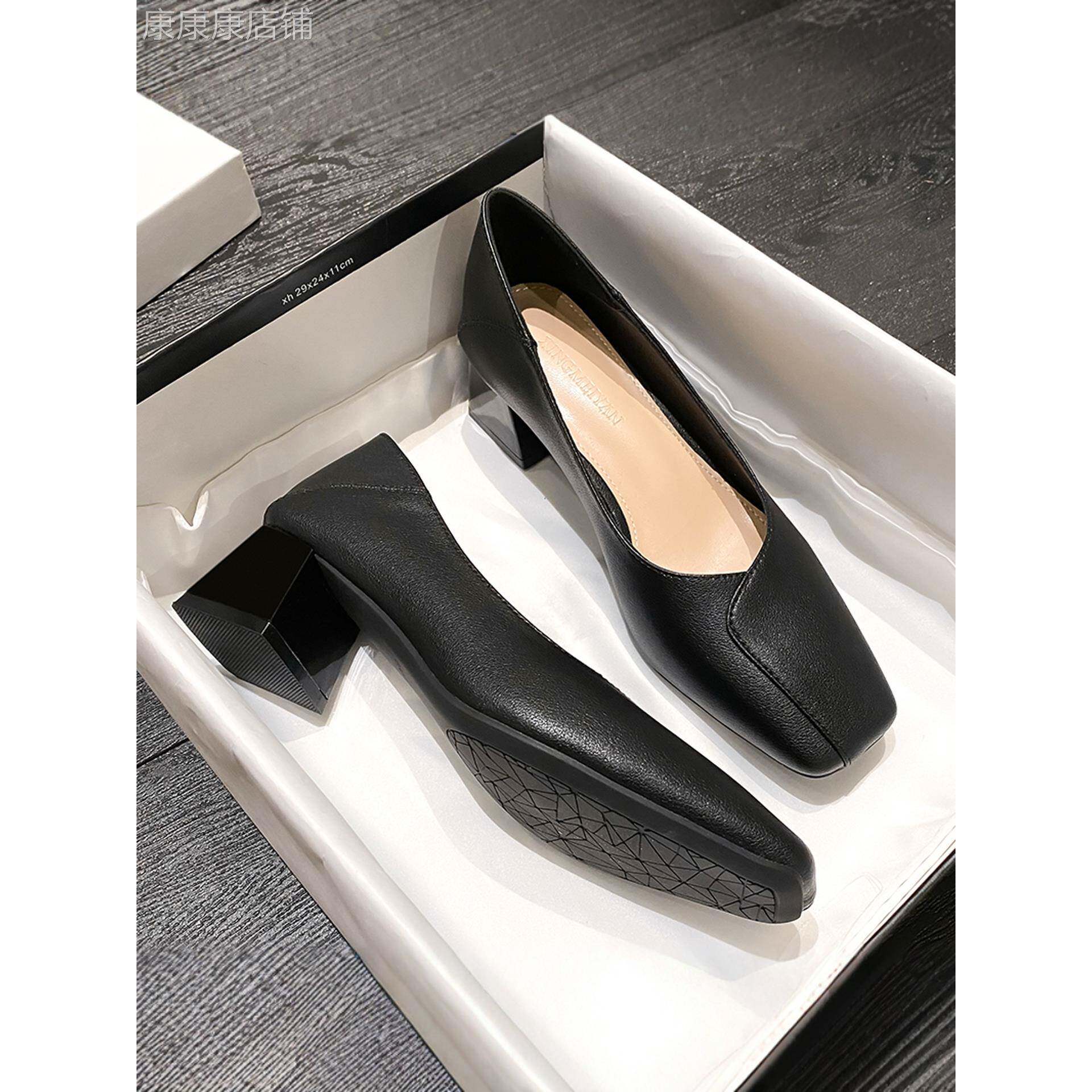 潮牌粗跟方头单鞋女2025年春秋工作鞋黑色高跟鞋上班职业通勤女鞋