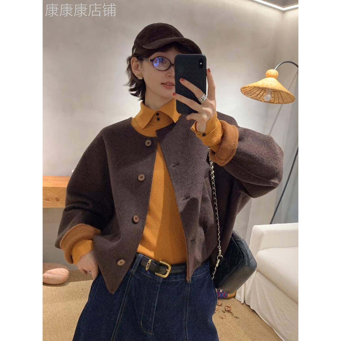 棕色圆领双面羊毛毛呢外套女2025秋季新款高级感穿搭短款呢子大衣