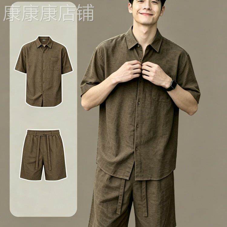 夏季男士老钱风亚麻套装大尺码宽松松弛感衬衫短裤高级休闲两件式