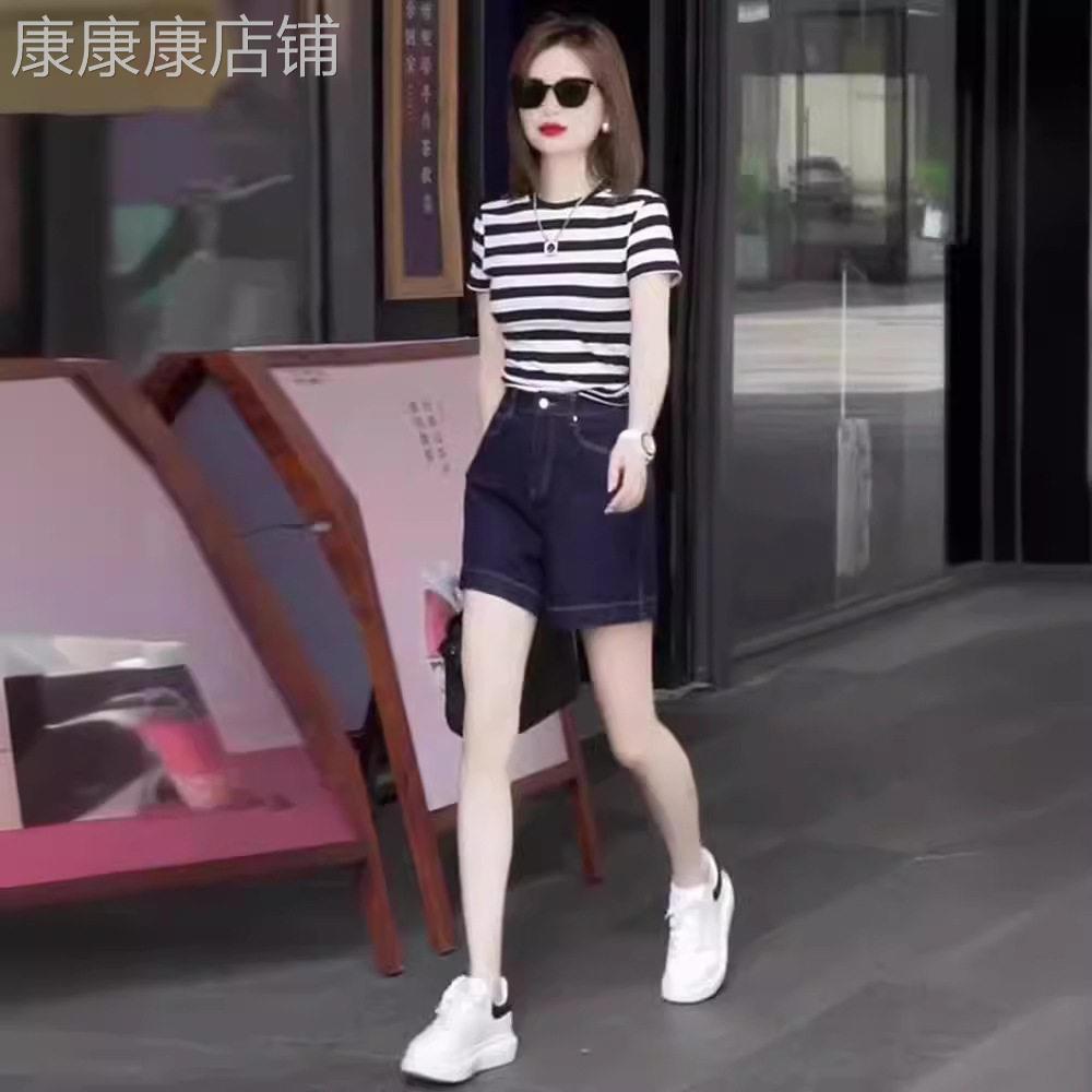 欧洲站休闲运动套装女2026新款夏季条纹短袖T恤牛仔短裤两件套潮