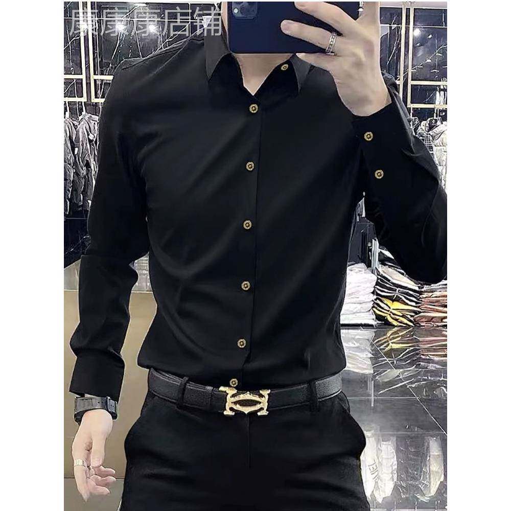 高端高级感黑色长袖衬衫男秋季新款高端商务休闲男士衬衣修身高端