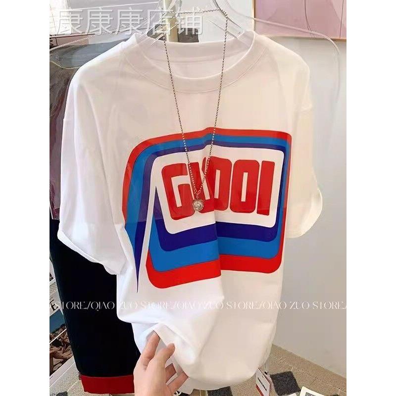美国覆古白色字母印花短袖t恤在夏天的妇女在欧洲站宽松修身,看