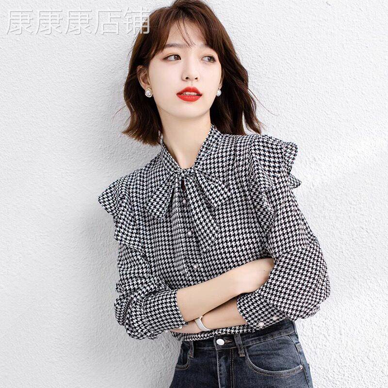 千鸟格雪纺衬衫女长袖春秋2025年新款韩版设计感小众洋气小衫上衣