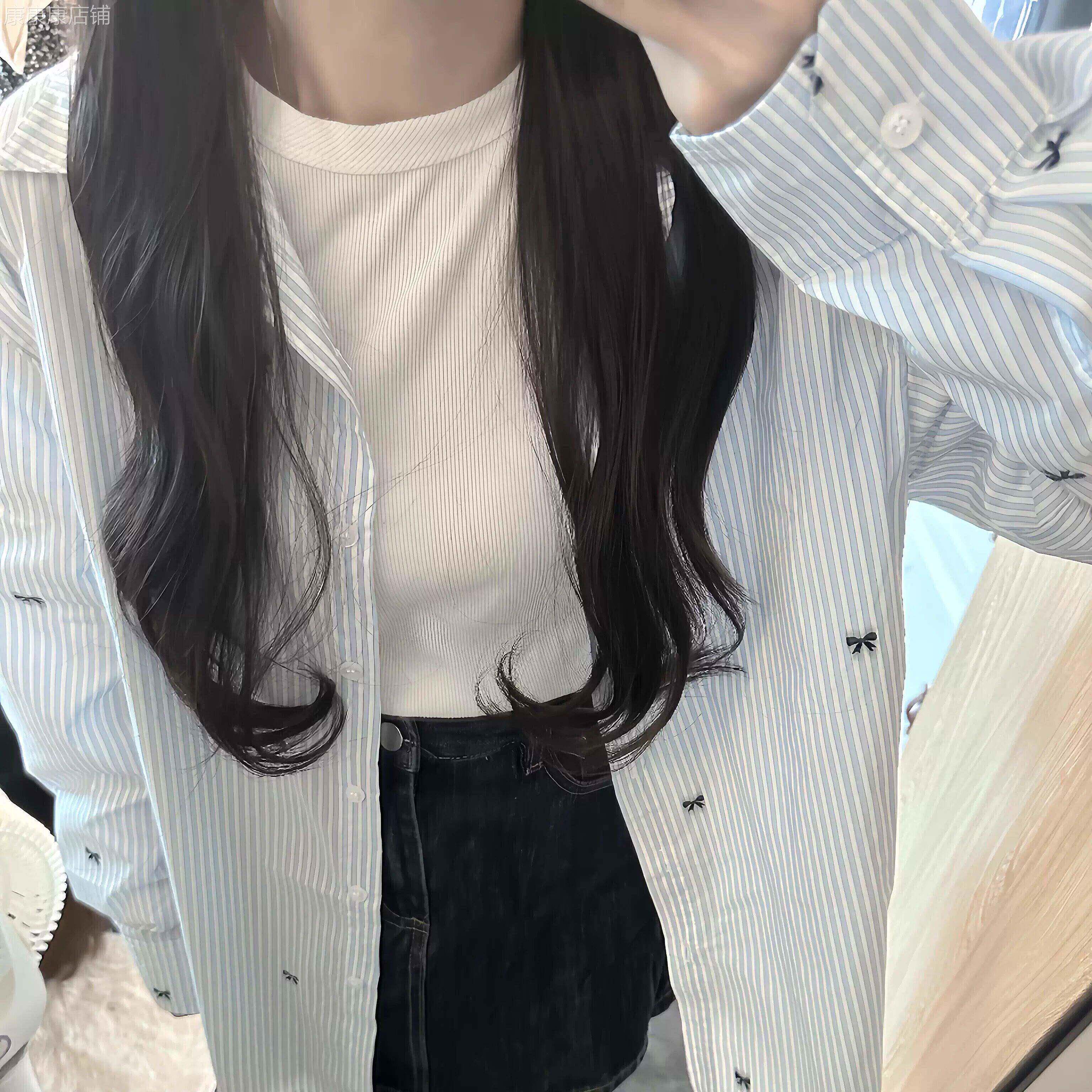 蓝白条纹蝴蝶结印花防晒衬衫女2026年春秋新款宽松长袖衬衫外套