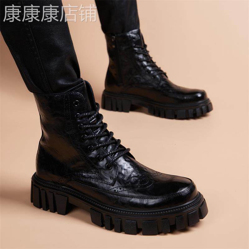 高帮马丁靴男款秋冬季英伦风真皮男鞋内增高厚底软皮休闲工装靴子