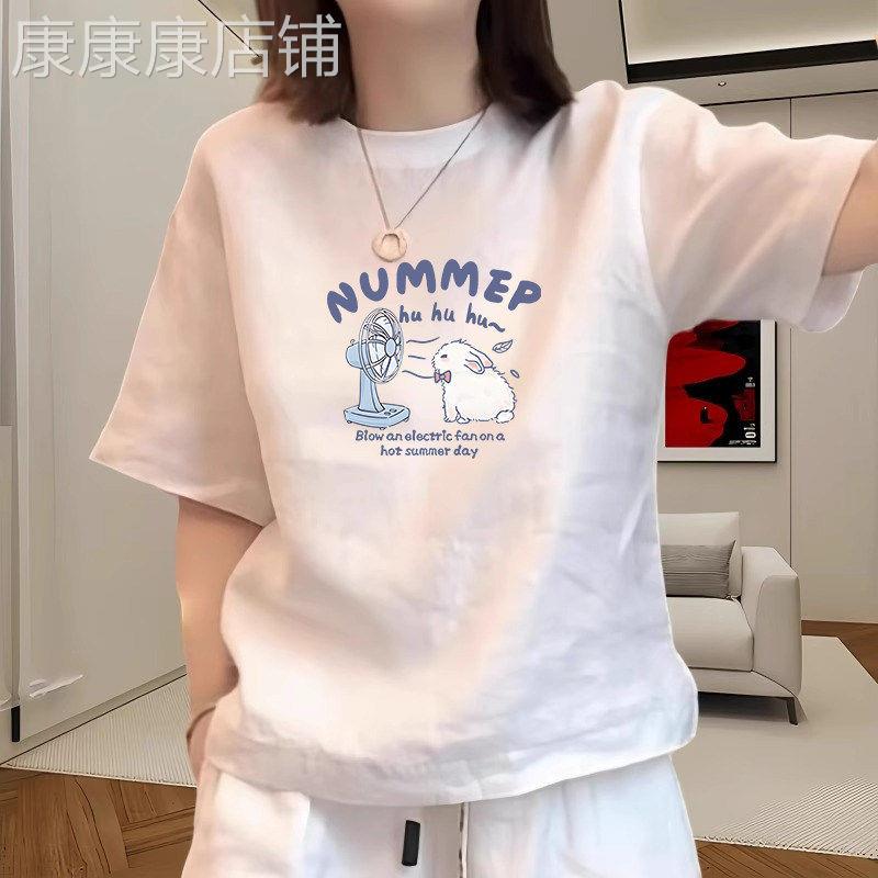 韩国白色卡通下摆开叉短袖t恤女夏季新款设计宽松休闲半袖上衣潮