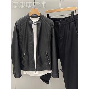 潮牌棕色立领机车皮衣外套男春秋韩版潮流修身简约百搭短款皮夹克