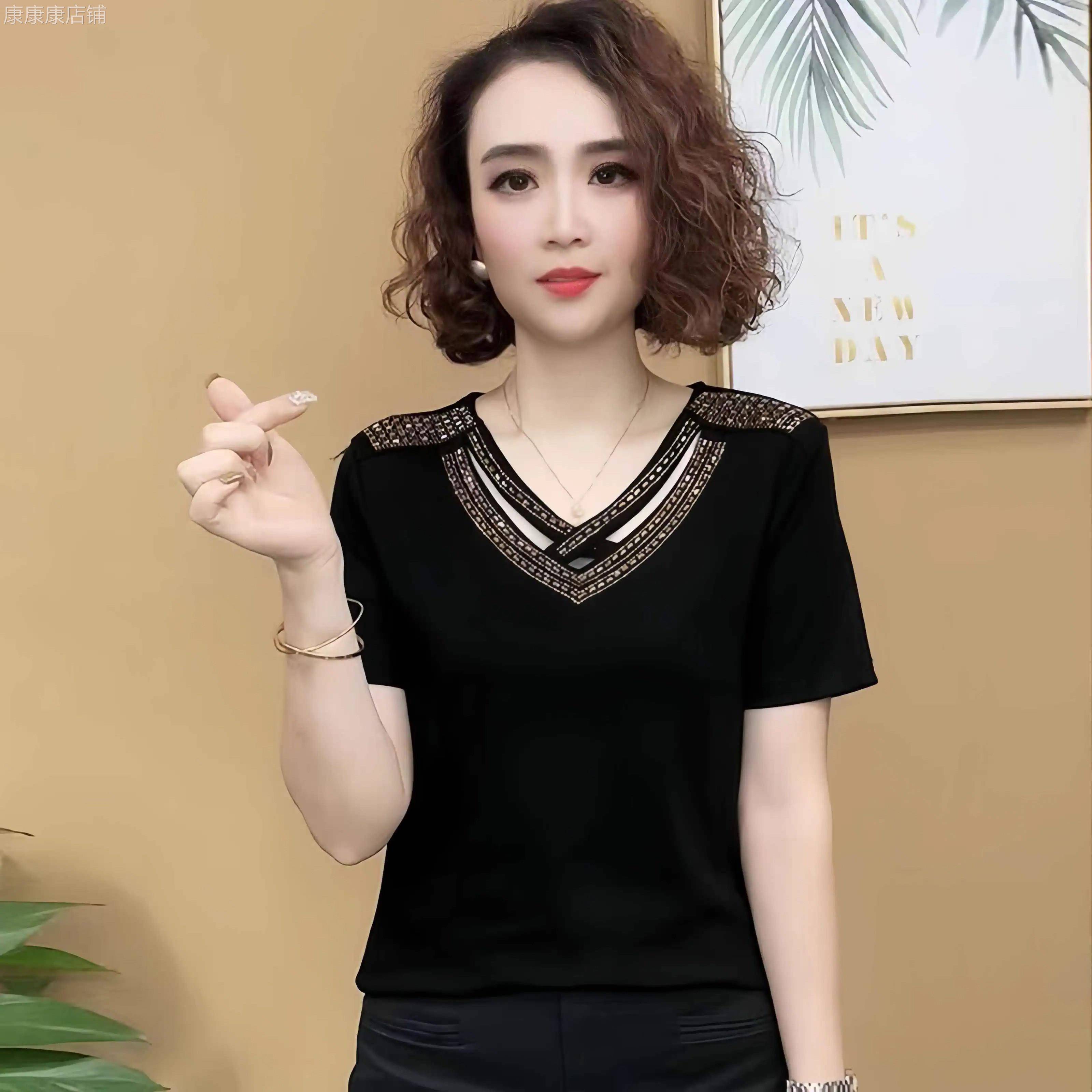 黑色V领短袖T恤女夏季2026新款薄修身显瘦设计感正肩半袖T恤上衣