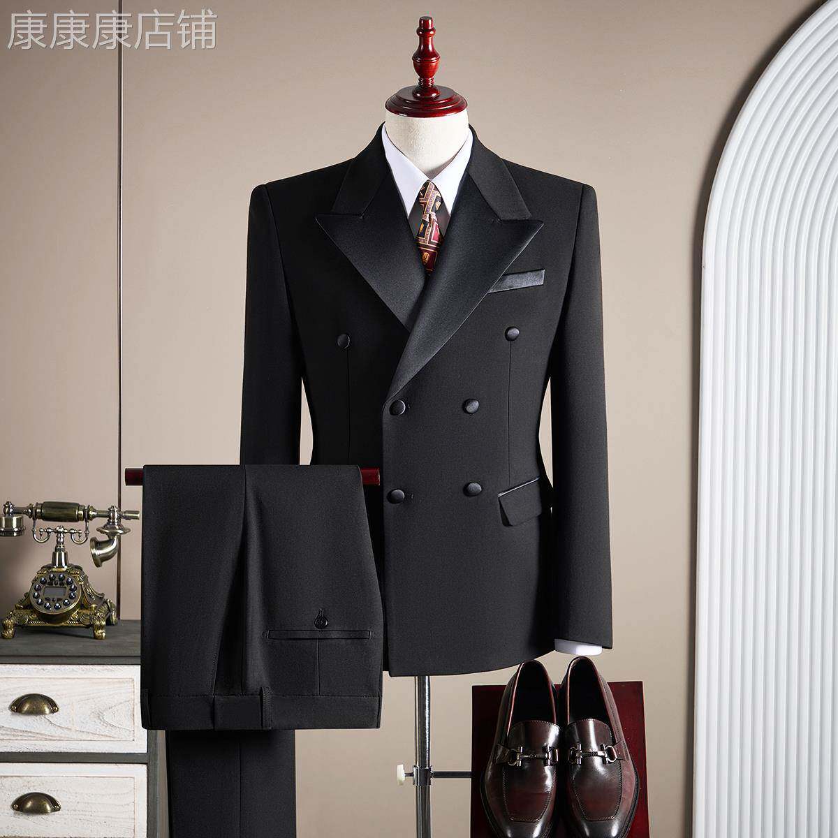 高端双排扣羊毛西装套装男高级感新郎结婚礼服商务大尺码西服三件