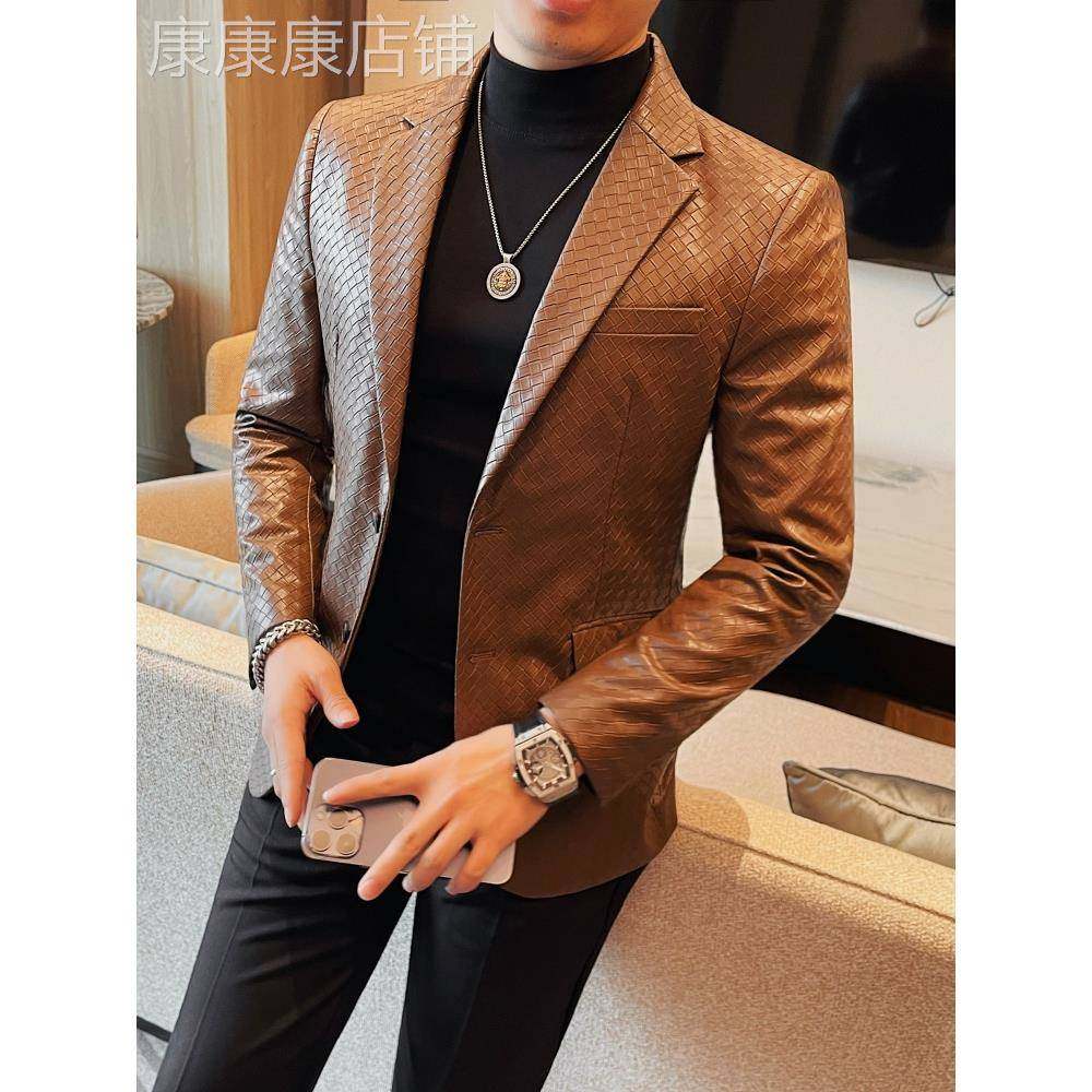 香港格纹皮西装外套男秋冬季2025新款高级感英伦商务休闲修身西服