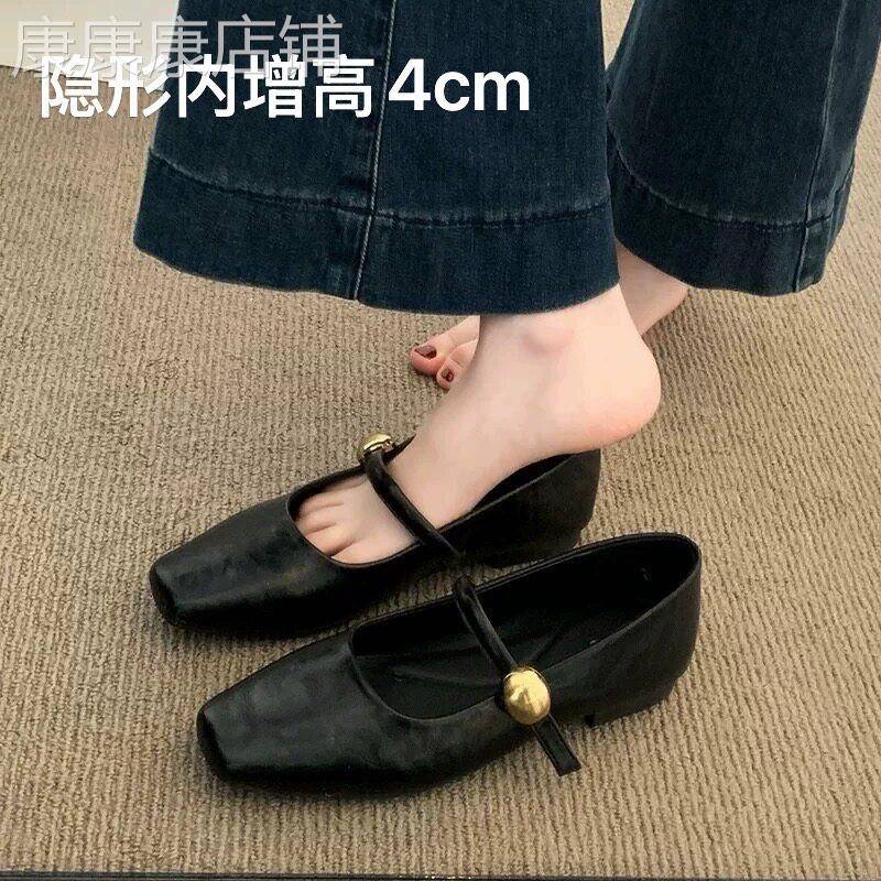 潮牌超软羊皮内增高黑色单鞋女士2026夏季新款平底法式玛丽珍女鞋