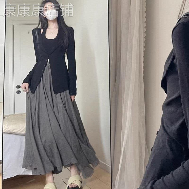 高腰棉麻半身裙女春夏欧货清冷感不规则复古大摆裙灰色垂感长裙子