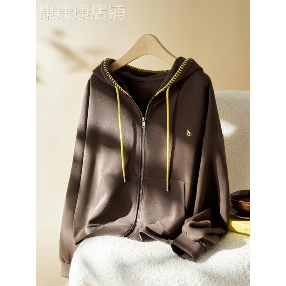 咖色拉炼连帽卫衣外套女士秋冬美拉德穿搭宽松慵懒风覆古开衫上衣