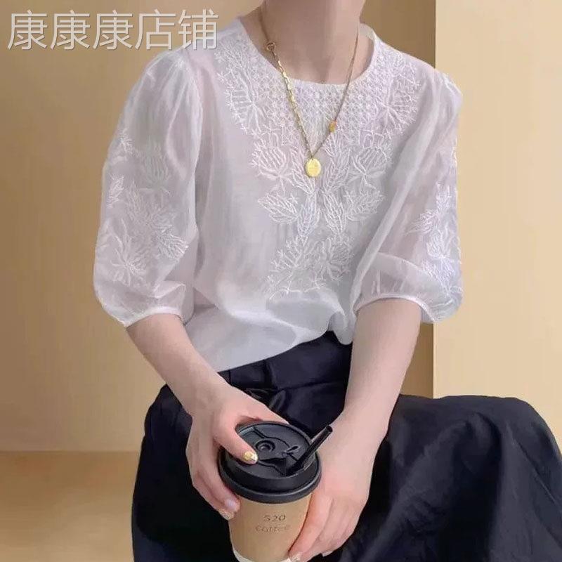 洋派雪纺短袖衬衫女夏季欧货新款百搭蕾丝衬衫宽松显瘦高级感上衣