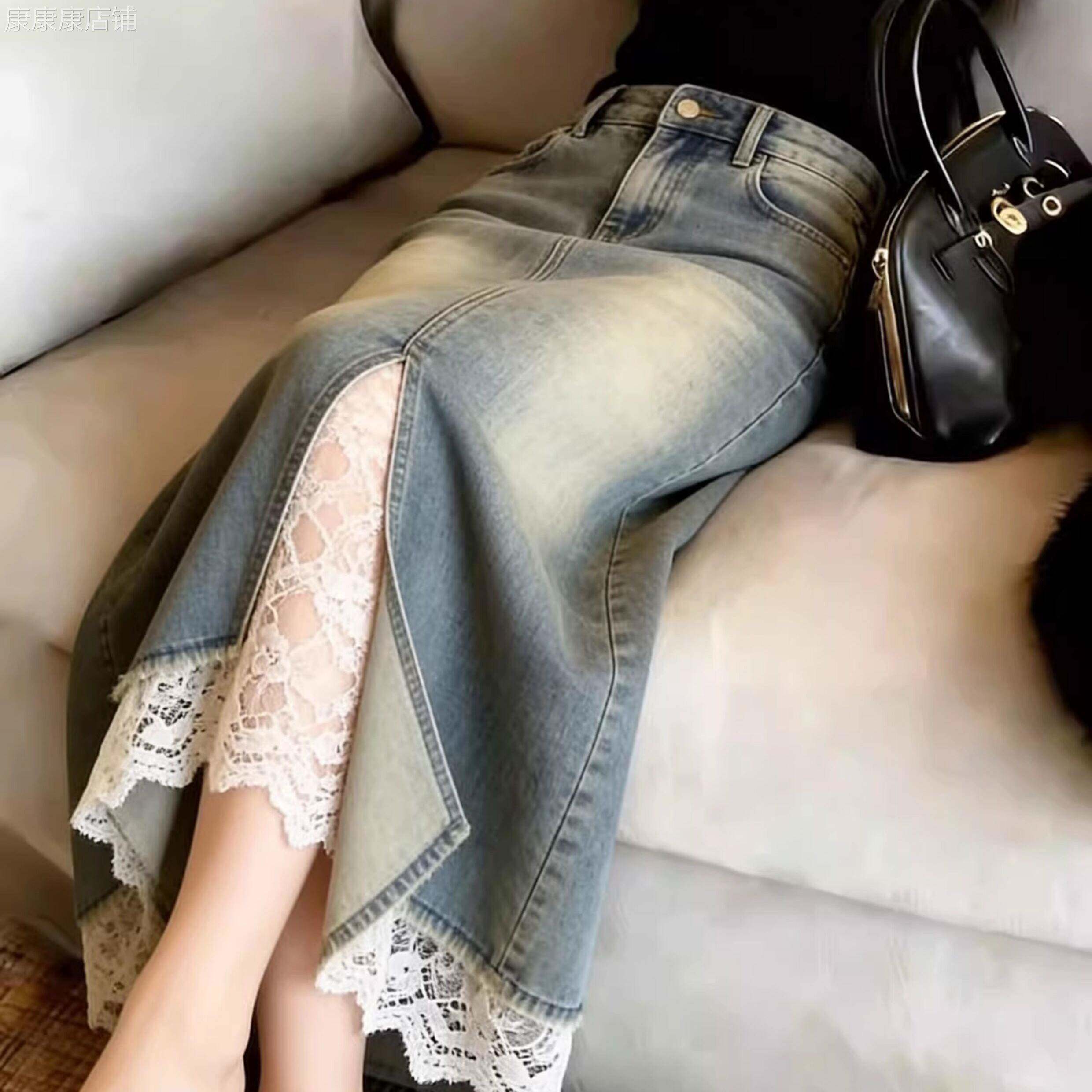 蓝色高腰蕾丝拼接牛仔半身裙女2026春季新款显瘦气质开叉中长裙