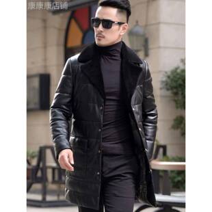 冬季海宁真皮衣羽绒服男中长款韩版修身帅气西装领皮风衣休闲外套
