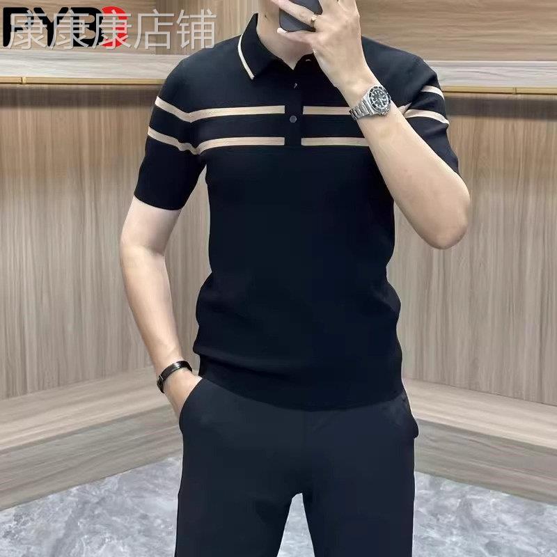 高端冰丝男士短袖T恤2026夏季新款商务休闲条纹针织polo衫男款潮图片