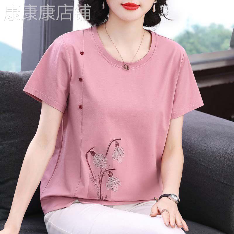 中年妈妈纯棉圆领短袖T恤女夏装新款宽松大尺码洋派遮肚子半袖上