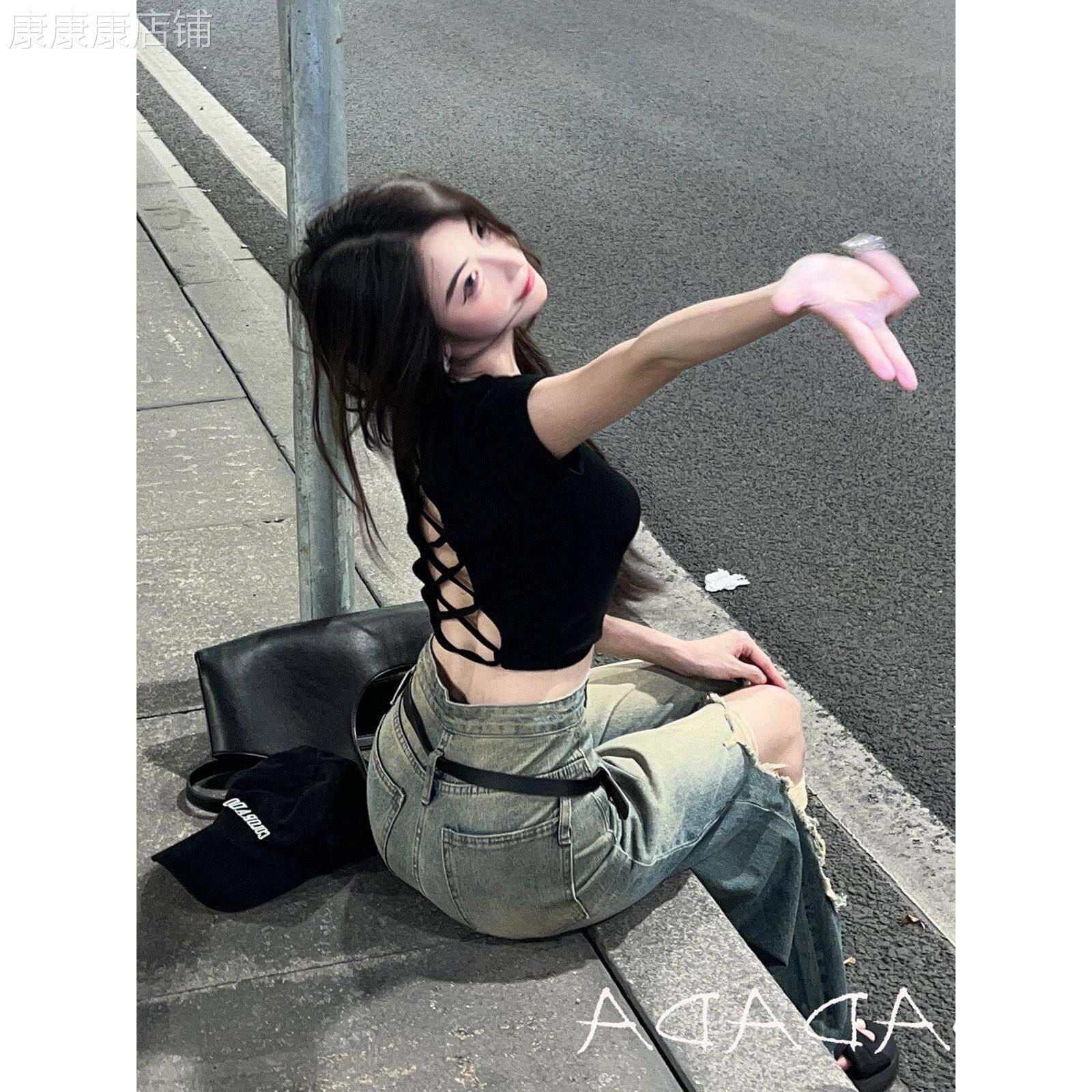美式露背辣妹高腰短袖绑带性感T恤女夏欧货修身后背镂空短款上衣