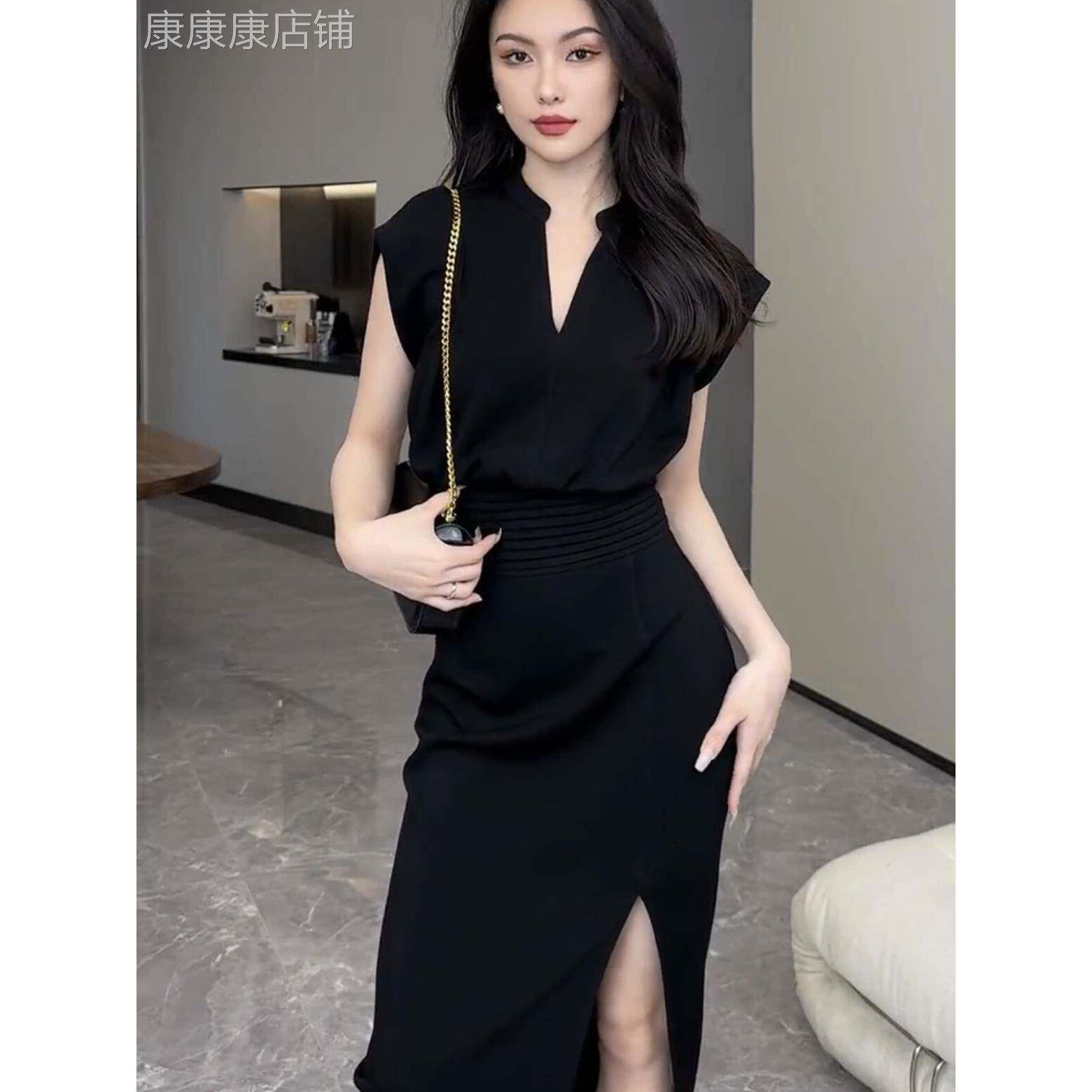 欧洲站赫本风气质V领无袖黑色洋装女2025年夏季时尚显瘦开 叉裙