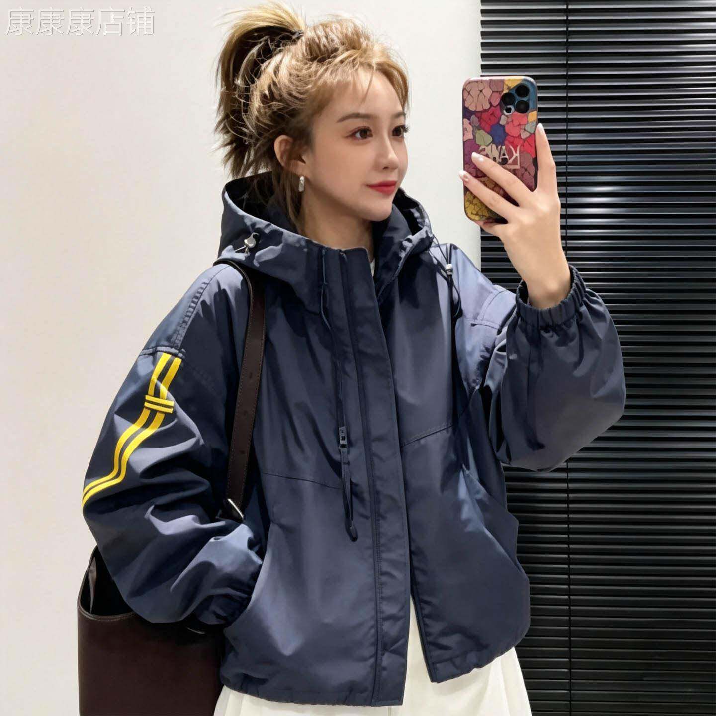 深蓝色连帽长袖冲锋衣女春秋欧货宽松休闲夹克运动外套百搭上衣潮