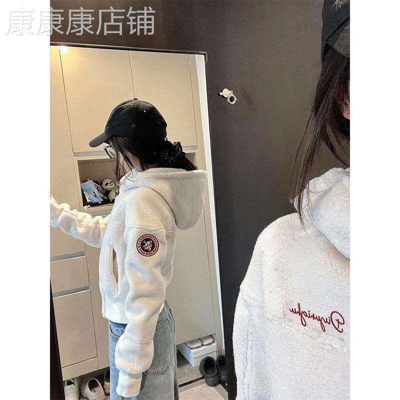 羊羔绒长袖卫衣外套女春秋季2026爆款美式复古显瘦短款开衫上衣潮