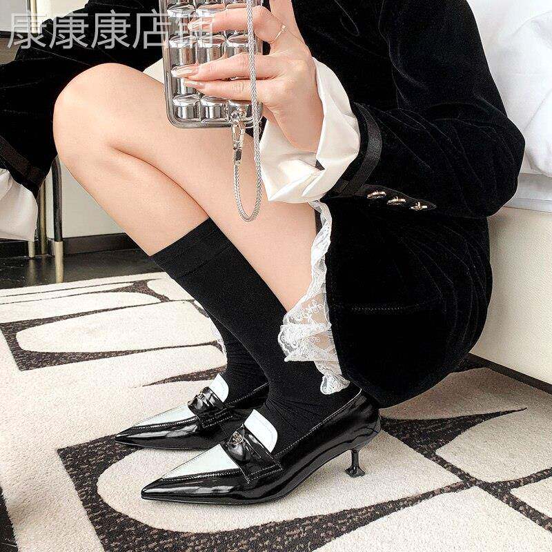 达人上镜B备!ins网红同款拼色金币乐福鞋女尖头高跟鞋英伦风单鞋