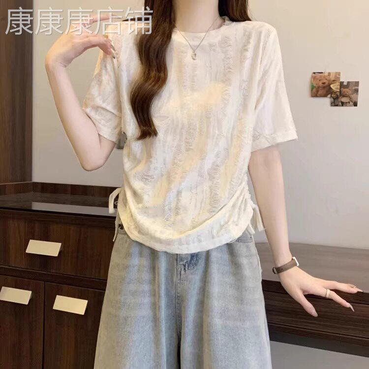 大码甜辣复古抽绳短袖T恤女夏季胖mm时尚设计感遮肉显瘦百搭上衣