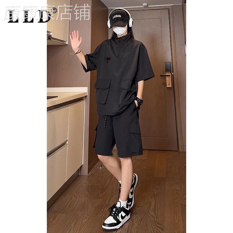 休闲运动套装男夏季薄款潮牌户外宽松防水工装短袖衬衫短裤两件套