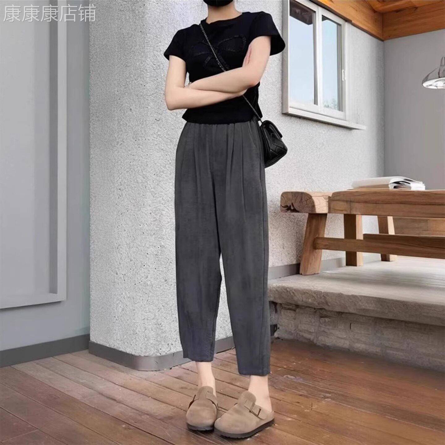 潮牌薄款灰色冰丝阔腿裤女夏季2026年新款宽松高腰直筒九分罗卜裤