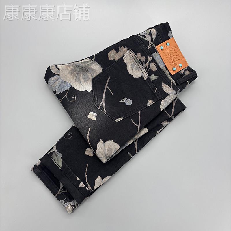 高端潮流个性印花牛仔裤男黑色高级感满印花卉时尚百搭休闲长裤子