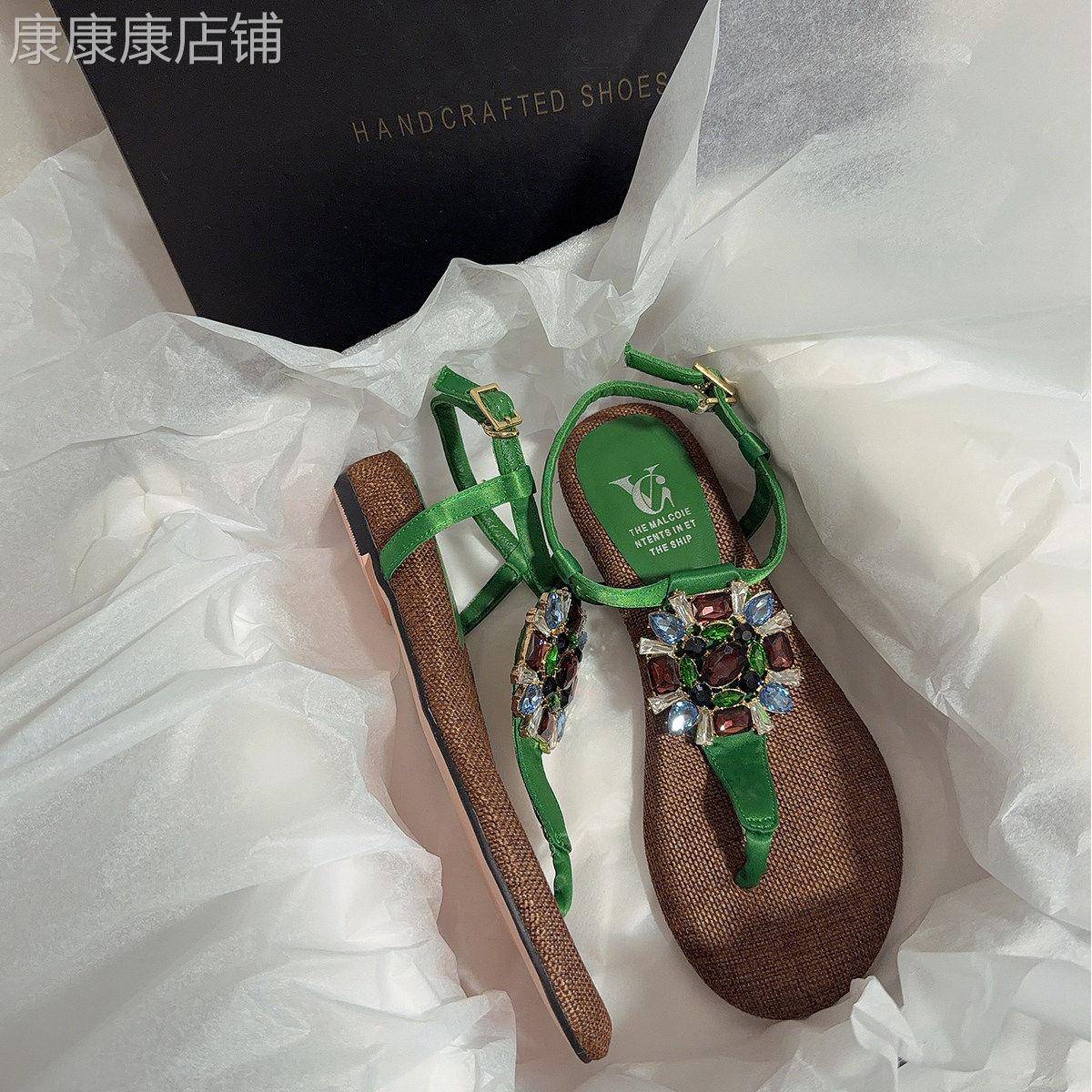【意大利~Kalen·Oli】 轻奢中古风真皮丝绸布圆头平跟环扣带凉鞋