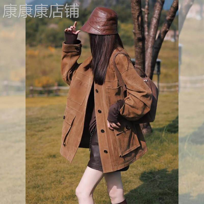 2026新款美拉德独特超好看小个子棕色麂皮外套女春秋款加厚中长款