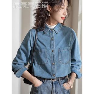 浅蓝色覆古软牛仔衬衫女2025秋冬新款内搭叠穿加绒小个子正肩上衣